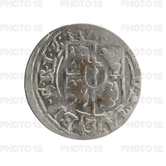 One-and-a-half (coin). Maker: Ernest Pfahler. Department of Coins of Lands Associated with Poland. George William Hohenzollern (Elector of Brandenburg; Duke of Prussia; 1620–1640). Obverse: Under the ducal mitre, a five-field coat of arms; below in the shield the value numeral 3. In the rim between the borders, an inscription separated by the mitre and the value numeral, A. - B, .SRIE Reverse: Royal orb with a cross with arms terminating in finials. In the lower part of the orb the value numerals 24. On the sides of the cross, date numerals 2-6. In the rim between the borders an inscription divided by a cross .MONE.NO., DVC.PRVS., 1626. Place and period: Ducal Prussia (1525–1701), Königsberg. Coin: diameter 19.4 mm, weight 1.31 g, axis 135°.