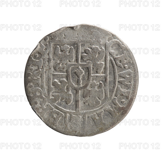 One and a half, Pfahler, Ernest, cross (iconographic), orb of rule (iconographic), George William Hohenzollern (Elector of Brandenburg; Duke of Prussia; 1620–1640), coats of arms. Obverse: Under the ducal mitre a five-field coat of arms; below in the shield the value numeral 3. On the rim between the borders an inscription divided by the mitre and the value numeral GE.WI.MA. - BR.SRIE. Reverse: Royal orb with a cross with arms terminating in finials; in the lower part of the orb the value numerals 24; on the sides of the cross the date numerals 2–6. On the rim between the borders an inscription divided by a cross and a heart; hallmark MON, 1626. Ducal Prussia (1525–1701), Königsberg; coin. Diameter 19.1 mm; weight 1.27 g; axis 225°.