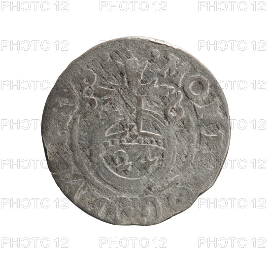 One and a half (coin). Maker: Ernest Pfahler. Department of Coins of Lands Associated with Poland. Cross (iconographic); orb of rule (iconographic). George William Hohenzollern (Elector of Brandenburg; Duke of Prussia; 1620–1640). Coats of arms. WQXBCFS
I:\nmw crop ready cleaned\ WQXBCFS
I:\nmw crop ready cleaned\Obverse: Under the ducal mitre a five-field coat of arms; below in the shield the value numeral 3. On the rim between the borders an inscription divided by the mitre and the value numeral GE.WI.MA. - BR.SRIE. WQXBCFS
I:\nmw crop ready cleaned\ WQXBCFS
I:\nmw crop ready cleaned\Reverse: Royal orb with a cross with arms terminating in finials. In the lower part of the orb the value numerals 24. On the sides of the cross the date numerals 2-6. On the rim between the borders an inscription divided by a cross and a heart; hallmark mark MON, 1626. WQXBCFS
I:\nmw crop ready cleaned\ WQXBCFS
I:\nmw crop ready cleaned\Ducal Prussia (1525–1701), Königsberg. Coin. Diameter 19.1 mm;...