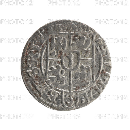 One-and-a-half (denomination). Ernest Pfahler. Department of Coins of Lands Associated with Poland. George William of Hohenzollern (Elector of Brandenburg; Duke of Prussia; 1620–1640). Obverse: under the ducal mitre, a five-field heraldic shield; value numeral 3 in lower part of shield; rim inscription separated by the mitre and value numeral: I.MA. - B, SRIE. Reverse: royal orb with a cross whose arms terminate in fleurs; value numerals 24 in lower part of orb; date numerals 2-6 on sides of cross; rim inscription divided by a cross and a heart and hallmark: .MONE.NO - DVC.PRVS., 1626. Ducal Prussia (1525–1701), Königsberg. Coin; diameter 19.2 mm; weight 1.19 g; axis 120°.