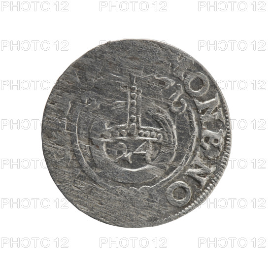 One-and-a-half coin, 1626. Obverse: under a ducal mitre, a five-field coat of arms; on the rim between borders an inscription divided by the mitre 'GE.WI.M'. Reverse: royal orb with a cross whose arms terminate in finials; lower part of the orb shows numerals '24'; on the sides of the cross numerals '2-6'; on the rim between borders an inscription divided by a cross 'ONE.NO'. Issued for George William of Hohenzollern (Elector of Brandenburg; Duke of Prussia, 1620–1640). Königsberg, Ducal Prussia (1525–1701). Coin; diameter 19.2 mm, weight 1.33 g, axis 200°.