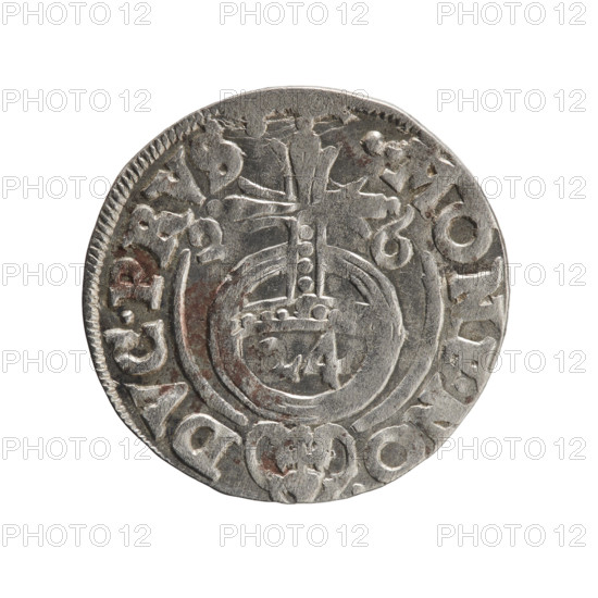 one and a half, Pfahler, Ernest, George William Hohenzollern (Elector of Brandenburg; Prince of Prussia; 1620–1640), cross (iconographic), orb of rule (iconographic), coats of arms. Obv.: Under the ducal mitre a five-field heraldic shield; below in the shield the value numeral 3. On the rim between the borders an inscription divided by the mitre and the value numeral GE.WI.MA - BR.SRIE. Rev.: Royal orb with a cross with arms terminating in finials; in the lower part of the orb the value numerals 4; on the sides of the cross the date numerals 2-6. On the rim between the borders an inscription divided by a cross and a heart - hallmark .MONE.NO. - DVC.PRVS. 1626. Ducal Prussia (1525–1701), Königsberg. Coin: diameter 19.5 mm, weight 1.11 g, axis 10°.
