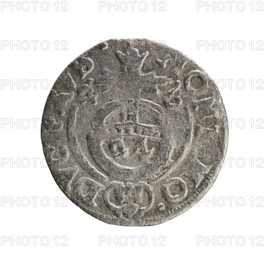 One and a half; Pfahler, Ernest. George William Hohenzollern (Elector of Brandenburg; Duke of Prussia; 1620–1640). Obv.: Under the ducal mitre a five-field heraldic shield; below in the shield the value numeral 3. On the rim between the borders an inscription separated by the mitre and the value numeral GE.WI.MA. - BR.SRIE. Rev.: Royal orb with a cross with arms terminating in finials; in the lower part of the orb the value numerals 24; on the sides of the cross the date numerals 2-6. On the rim between the borders an inscription separated by a cross and a heart - hallmark, MO, NO. - DVC, PRVS., 1626, Königsberg, Ducal Prussia (1525–1701). Coin; diameter 19.3 mm; weight 1.24 g; axis 225°.