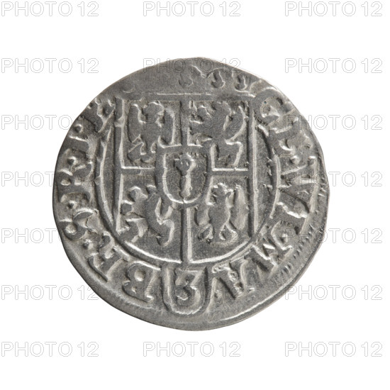 one and a half, George William Hohenzollern (Elector of Brandenburg; Duke of Prussia; 1620–1640), cross (iconographic), orb of rule (iconographic), coats of arms. Obverse: Under the ducal mitre, a five-field heraldic shield; below in the shield the value numeral 3. On the rim between the borders, an inscription separated by the mitre and the value numeral GE.WI.MA. - BR.SRI. Reverse: Royal orb with a cross with arms terminating in finials; in the lower part of the orb, the value numerals 24; on the sides of the cross, date numerals 2-6. On the rim between the borders, an inscription separated by a cross and a heart - hallmark .MONE.NO. - DVC.PRVS. 1626. Ducal Prussia (1525–1701), Königsberg. Coin: diameter 19.4 mm, weight 0.94 g, axis 340°