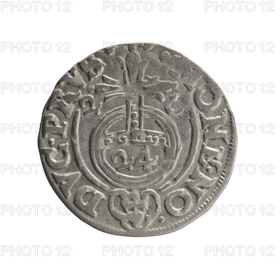 One and a half; Ernest Pfahler; Obverse: Under the ducal mitre, a five-field heraldic shield with the value numeral 3 below. On the rim between the borders, inscription separated by the mitre and the value numeral GE.WI.MA. - BR.SRI. Reverse: Royal orb with a cross whose arms terminate in finials; in the lower part of the orb the value numerals 24; on the sides of the cross, date numerals 2-6. On the rim between the borders, inscription separated by a cross and a heart - hallmark .MONE.NO. - DVC.PRVS. Date: 1626. Issued for Ducal Prussia (1525–1701), Königsberg. Coin; diameter 19.4 mm; weight 0.94 g; axis 340°.