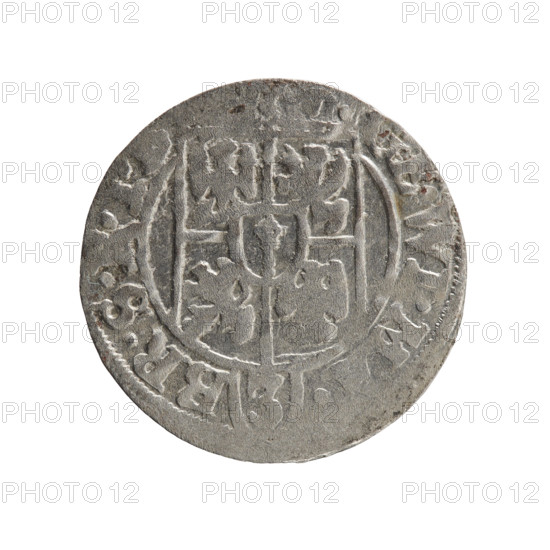 one-and-a-half, George William of Hohenzollern (Elector of Brandenburg; Duke of Prussia; 1620-1640), cross (iconographic), orb of rule (iconographic), coats of arms. Obv.: Under the ducal mitre, a five-field heraldic shield; below in the shield the value numeral 3. In the rim between the borders, an inscription separated by the mitre and the value numeral, WI.MA. - BR.S, I. Rev.: Royal orb with a cross with arms terminating in finials; in the lower part of the orb, the value numerals 4. On the sides of the cross, the date numerals 2-6. In the rim between the borders an inscription divided by a cross and a heart - the hallmark .MON, DVC., 1626. Ducal Prussia (1525–1701), Königsberg; coin; diameter 19.2 mm; weight 1.06 g; axis 260°.