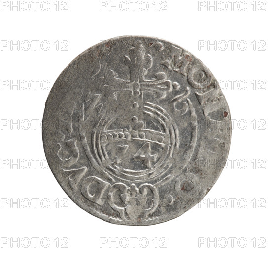 one-and-a-half, George William of Hohenzollern (Elector of Brandenburg; Duke of Prussia; 1620–1640), cross (iconographic), orb of rule (iconographic), coats of arms. Obv. Under the ducal mitre, a five-field heraldic shield; below in the shield the value numeral 3. In the rim between the borders, an inscription separated by the mitre and the value numeral, WI.MA. - BR.S, I. Rev. Royal orb with a cross with arms terminating in finials. In the lower part of the orb, the value numerals 4. On the sides of the cross, the date numerals Z-6. In the rim between the borders an inscription divided by a cross and a heart - the hallmark .MON, DVC., 1626. Ducal Prussia (1525–1701), Königsberg. Coin: diameter 19.2 mm; weight 1.06 g; axis 260°.
