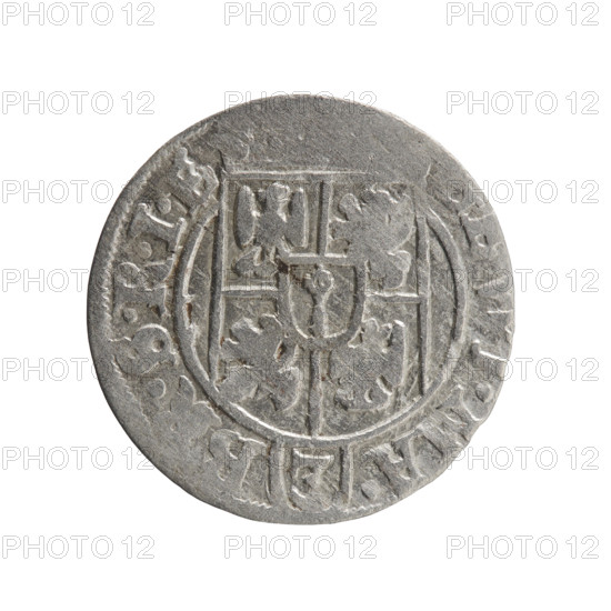 One-and-a-half, Ernest Pfahler, Department of Coins of Lands Associated with Poland, cross (iconographic), George William of Hohenzollern (Elector of Brandenburg; Duke of Prussia; 1620–1640), orb of reign (iconographic), coats of arms. Obverse: Under the ducal mitre, a five-field heraldic shield; below in the shield the value numeral 3. In the rim between the borders is an inscription separated by the mitre and the value numeral, .MA. - B, .SRIE. Reverse: Royal orb with a cross with arms terminating in finials. In the lower part of the orb, the value numerals Z4. On the sides of the cross, the date numerals Z-6. In the rim between the borders an inscription divided by a cross and a heart - hallmark, NO - DVC.PRVS., 1626. Ducal Prussia (1525–1701), Königsberg; coin; diameter 19.2 mm; weight 1.07 g; axis 315 degrees.
