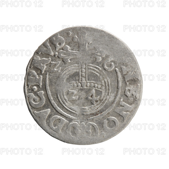 One-and-a-half coin (1626). Maker: Ernest Pfahler. Obverse: Under a ducal mitre, a five-field heraldic shield with the value numeral 3 below; rim inscription separated by the mitre and the value numeral: .MA. - B, .SRIE. Reverse: Royal orb with a cross whose arms terminate in finials; lower part of the orb shows value numerals Z4; date numerals Z-6 flanking the cross. Rim inscription divided by a cross and a heart hallmark: NO - DVC.PRVS., 1626. Iconography: cross, orb of reign, coats of arms; associated with George William of Hohenzollern (Elector of Brandenburg; Duke of Prussia, 1620–1640). Place and polity: Ducal Prussia, Königsberg. Coin measurements: diameter 19.2 mm; weight 1.07 g; axis 315°.