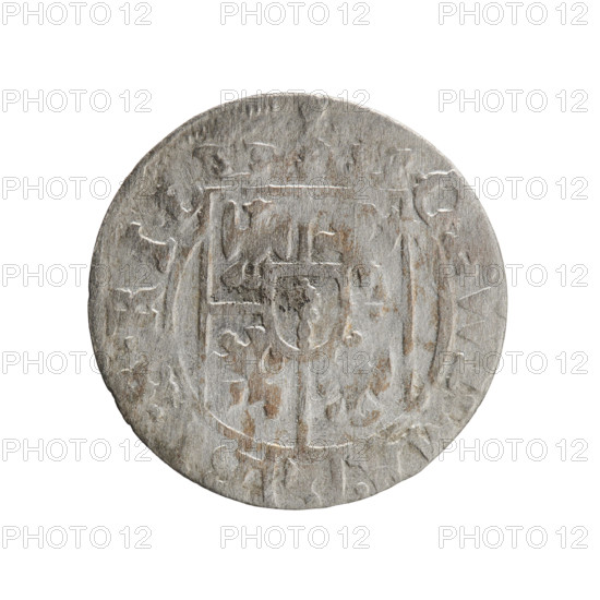 One-and-a-half, George William Hohenzollern (Elector of Brandenburg; Duke of Prussia; 1620–1640). Obverse: under the ducal mitre a five-field heraldic shield, below in the shield the value numeral 3; on the rim between the borders an inscription divided by the mitre and the value numeral. Reverse: royal orb with a cross with arms terminating in finials; in the lower part of the orb the value numerals 4; on the sides of the cross the date numerals 2–6; on the rim between the borders an inscription divided by a cross and a heart – hallmark .MONE.NO. - DVC.PRV, 1626. Ducal Prussia (1525–1701), Königsberg. Coin: diameter 19.0 mm, weight 1.04 g, axis 135°.