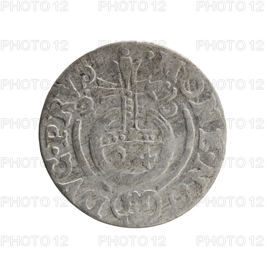One-and-a-half; maker: Ernest Pfahler. Obverse: Under the ducal mitre a five-field heraldic shield; below in the shield the value numeral 3. On the rim between the borders an inscription divided by the mitre and the value numeral. Reverse: Royal orb with a cross whose arms terminate in finials; in the lower part of the orb the value numerals 4; on the sides of the cross the date numerals 2-6. On the rim between the borders an inscription divided by a cross and a heart; hallmark. Inscription: .MONE.NO. - DVC.PRV. Date: 1626. Place: Ducal Prussia (1525–1701), Königsberg. Object type: coin. Dimensions: diameter 19.0 mm, weight 1.04 g, axis 135°.