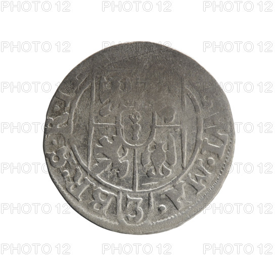 one-and-a-half, Pfahler, Ernest, cross (iconographic), George William of Hohenzollern (Elector of Brandenburg; Duke of Prussia; 1620-1640), orb of reign (iconographic), coats of arms. Obv.: Under the ducal mitre a five-field heraldic shield; below in the shield the value numeral 3. In the rim between the borders an inscription separated by the mitre and the value numeral, WI.MA. - BR.SRI. Rev.: Royal orb with a cross with arms terminating in finials; in the lower part of the orb the value numerals 4; on the sides of the cross the date numerals -6-. In the rim between the borders an inscription divided by a cross and a heart - the hallmark .MONE.NO - . 1626. Ducal Prussia (1525–1701), Königsberg. Coin: diameter 18.9 mm, weight 1.12 g, axis 100°.