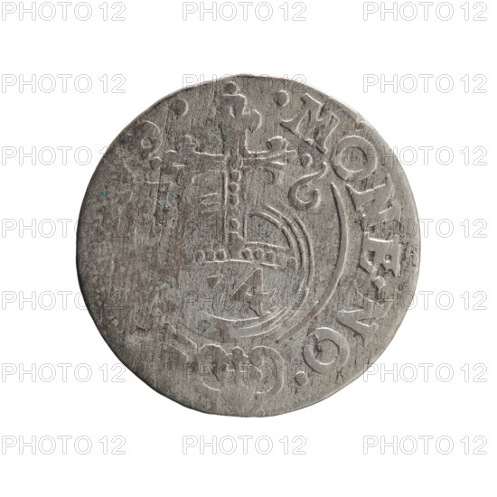 one-and-a-half, Pfahler, Ernest, cross (iconographic), George William of Hohenzollern (Elector of Brandenburg; Duke of Prussia; 1620-1640), orb of reign (iconographic), coats of arms. Obv.: Under the ducal mitre a five-field heraldic shield; below in the shield the value numeral 3. In the rim between the borders an inscription separated by the mitre and the value numeral, WI.MA. - BR.SRI. Rev.: Royal orb with a cross with arms terminating in finials; in the lower part of the orb the value numerals 4. On the sides of the cross the date numerals -6. In the rim between the borders an inscription divided by a cross and a heart - the hallmark .MONE.NO - . 1626. Ducal Prussia (1525–1701), Königsberg. Coin; diameter 18.9 mm; weight 1.12 g; axis 100 degrees.