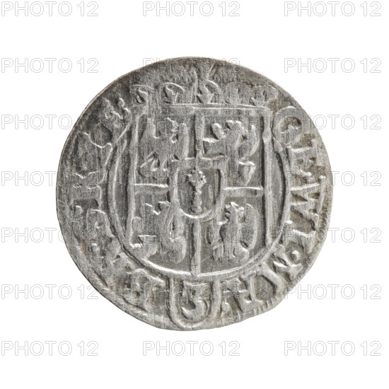 One and a half; Ernest Pfahler; Department of Coins of Lands Associated with Poland — Obverse: Under the ducal mitre, a five-field heraldic shield, below in the shield the value numeral 3. On the rim between the borders, an inscription separated by the mitre and the value numeral GE.WI.MA. - BR.SRIE. Reverse: Royal orb with a cross with arms terminating in finials. In the lower part of the orb, the value numerals 24. On the sides of the cross, date numerals 2-6. On the rim between the borders, an inscription separated by a cross and a heart - hallmark .MONE.NO. - DVC.PRVS., 1626. Ducal Prussia (1525–1701), Königsberg; coin, diameter 19.4 mm, weight 1.02 g, axis 30°.