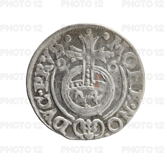 one and a half; Ernest Pfahler; George William Hohenzollern (Elector of Brandenburg; Duke of Prussia; 1620–1640); cross (iconographic); orb of rule (iconographic); coats of arms. WQXBCFS
I:\nmw crop ready cleaned\ WQXBCFS
I:\nmw crop ready cleaned\Obverse: Under the ducal mitre, a five-field heraldic shield; below in the shield the value numeral 3. On the rim between the borders, an inscription separated by the mitre and the value numeral GE.WI.MA. - BR.SRIE. WQXBCFS
I:\nmw crop ready cleaned\ WQXBCFS
I:\nmw crop ready cleaned\Reverse: Royal orb with a cross with arms terminating in finials. In the lower part of the orb, the value numerals 24. On the sides of the cross, date numerals 2-6. On the rim between the borders, an inscription separated by a cross and a heart - hallmark .MONE.NO. - DVC.PRVS., 1626. WQXBCFS
I:\nmw crop ready cleaned\ WQXBCFS
I:\nmw crop ready cleaned\Ducal Prussia (1525–1701), Königsberg; coin. Diameter 19.4 mm; weight 1.02 g; axis 30°.