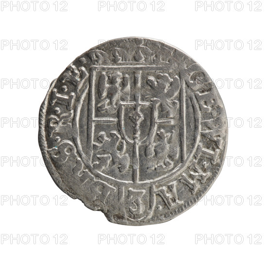 one-and-a-half, George William of Hohenzollern (Elector of Brandenburg; Duke of Prussia; 1620–1640), cross (iconographic), orb of rule (iconographic), coats of arms. Obverse: Under the ducal mitre a five-field heraldic shield; below in the shield the value numeral 3. On the rim between the borders an inscription separated by the mitre and the value numeral GE.WI.MA. - B, SRIE. Reverse: Royal orb with a cross with arms terminating in finials. In the lower part of the orb the value numerals 24. On the sides of the cross the date numerals 2-6. On the rim between the borders an inscription separated by a cross and a heart - the hallmark MONE.NO. - DVC.PRVS., 1626. Ducal Prussia (1525–1701), Königsberg; coin. Diameter 19.5 mm, weight 1.12 g, axis 100 degrees.