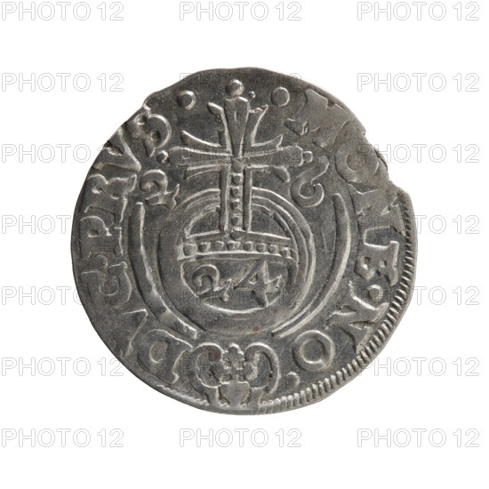 One-and-a-half coin. Obverse: under the ducal mitre a five-field heraldic shield, below in the shield the value numeral 3. On the rim between the borders an inscription separated by the mitre and the value numeral GE.WI.MA. - B, SRIE. Reverse: royal orb with a cross with arms terminating in finials. In the lower part of the orb the value numerals 24. On the sides of the cross the date numerals 2-6. On the rim between the borders an inscription separated by a cross and a heart - the hallmark MARK MONE.NO. - DVC.PRVS., 1626. Ducal Prussia (1525–1701), Königsberg. Coin: diameter 19.5 mm, weight 1.12 g, axis 100°. Maker: Ernest Pfahler.