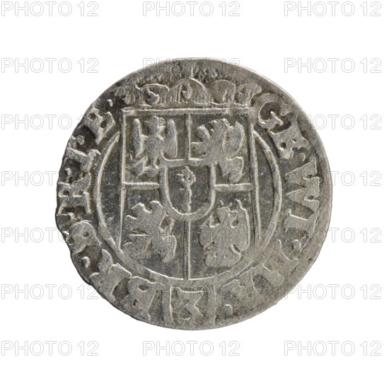 one and a half, George William Hohenzollern (Elector of Brandenburg; Duke of Prussia; 1620–1640), cross (iconographic), orb of rule (iconographic), coats of arms. Obv. Under the ducal mitre a five-field heraldic shield; below in the shield the value numeral 3. On the rim between the borders an inscription separated by the mitre and the value numeral GE.WI.MA. - BR.SRIE. Rv. Royal orb with a cross with arms terminating in finials; in the lower part of the orb the value numerals 24; on the sides of the cross the date numerals 2-6. On the rim between the borders an inscription separated by a cross and a heart - hallmark, E.NO. - DVC.PRVS., 1626. Ducal Prussia (1525–1701), Königsberg; coin. Diameter 19.5 mm, weight 1.07 g, axis 110°.