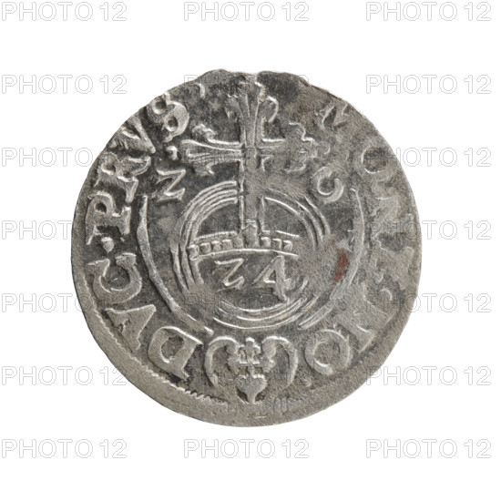 One and a half; Ernest Pfahler. Obverse: under the ducal mitre a five-field heraldic shield; below in the shield the value numeral 3. On the rim between the borders an inscription separated by the mitre and the value numeral: GE.WI.MA. - BR.SRIE. Reverse: royal orb with a cross with arms terminating in finials; in the lower part of the orb the value numerals 24; on the sides of the cross the date numerals 2-6. On the rim between the borders an inscription separated by a cross and a heart: hallmark E.NO. - DVC.PRVS., 1626. Ducal Prussia (1525–1701), Königsberg. Coin: diameter 19.5 mm, weight 1.07 g, axis 110°.