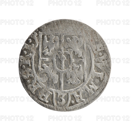 One and a half; Ernest Pfahler; Department of Coins of Lands Associated with Poland — George William Hohenzollern (Elector of Brandenburg; Duke of Prussia; 1620–1640). Obverse: five-field heraldic shield, below in the shield the value numeral 3. On the rim between the borders an inscription separated by a mitre and the value numeral, E.WI.MA. - BR.SRI. Reverse: royal orb with a cross with arms terminating in finials; in the lower part of the orb the value numerals 24; on the sides of the cross the date numerals 2-6. On the rim between the borders an inscription separated by a cross .MONE. .PRVS. 1626. Ducal Prussia (1525–1701), Königsberg. Coin: diameter 19.2 mm, weight 1.27 g, axis 135°.