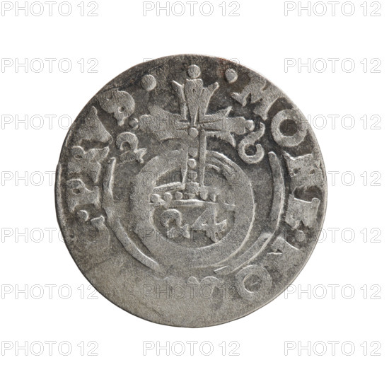 one and a half, Pfahler, Ernest, George William Hohenzollern (Elector of Brandenburg; Duke of Prussia; 1620-1640), cross (iconographic), orb of rule (iconographic), coats of arms. Obv.: Five-field heraldic shield, below in the shield the value numeral 3. On the rim between the borders an inscription separated by a mitre and the value numeral, E.WI.MA. - BR.SRI. Reverse: Royal orb with a cross with arms terminating in finials. In the lower part of the orb the value numerals 24. On the sides of the cross the date numerals 2-6. On the rim between the borders an inscription separated by a cross .MONE. .PRVS. 1626. Ducal Prussia (1525–1701), Königsberg. Coin: diameter 19.2 mm, weight 1.27 g, axis 135°