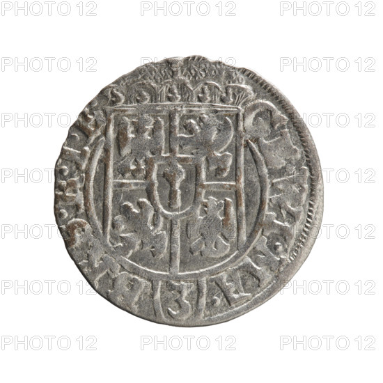 one and a half, George William Hohenzollern (Elector of Brandenburg; Duke of Prussia; 1620-1640), cross (iconographic), orb of rule (iconographic), coats of arms. Obverse: Under the ducal mitre, a five-field heraldic shield; below in the shield the value numeral 3. On the rim between the borders an inscription separated by the mitre and the value numeral GE.WI.MA. - BR SRIE. Right: Royal orb with a cross with arms terminating in finials. In the lower part of the orb the value numerals 24. On the sides of the cross the date numerals 2-6. On the rim between the borders an inscription separated by a cross and a heart - hallmark .MONE.NO. - DVC.PRVS., 1626. Ducal Prussia (1525-1701), Königsberg; coin, diameter 19.3 mm, weight 1.01 g, axis 315 degrees