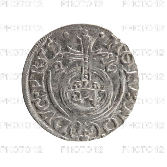 One and a half; Ernest Pfahler; Department of Coins of Lands Associated with Poland — George William Hohenzollern (Elector of Brandenburg; Duke of Prussia; 1620–1640); cross (iconographic); orb of rule (iconographic); coats of arms. Obverse: under the ducal mitre, a five-field heraldic shield with the value numeral 3 below. On the rim between the borders an inscription separated by the mitre and the value numeral GE·WI·MA· – BR SRIE. Reverse: royal orb with a cross whose arms terminate in finials; in the lower part of the orb the value numerals 24; on the sides of the cross the date numerals 2–6. On the rim between the borders an inscription separated by a cross and a heart – .MONE.NO. – DVC.PRVS.; 1626; Ducal Prussia (1525–1701), Königsberg. Coin; diameter 19.3 mm; weight 1.01 g; axis 315°.