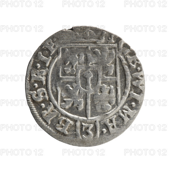 one-and-a-half, Pfahler, Ernest, Department of Coins of Lands Associated with Poland, cross (iconographic), George William of Hohenzollern (Elector of Brandenburg; Duke of Prussia; 1620-1640), orb of reign (iconographic), coats of arms. Obv.: Under the ducal mitre a five-field heraldic shield; below in the shield the value numeral 3. In the rim between the borders an inscription separated by the mitre and the value numeral, E.WI.MA. - BR.SRIE. Reverse: Royal orb with a cross with arms terminating in finials; in the lower part of the orb the value numerals 24; on the sides of the cross the date numerals 2-6. In the rim between the borders an inscription divided by a cross and a heart - the hallmark .MONE.N, DVC.PRVS., 1626. Ducal Prussia (1525-1701), Königsberg; coin. Diameter 19.4 mm, weight 1.01 g, axis 190°.