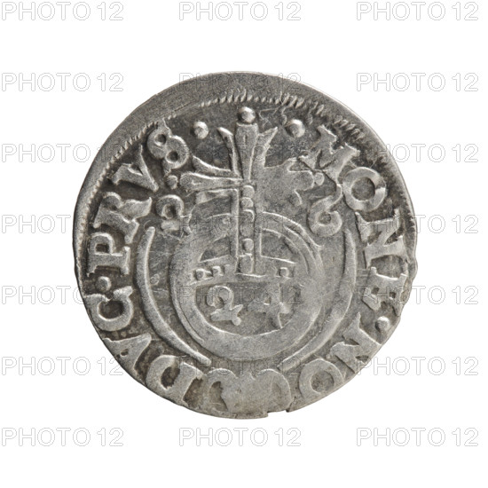 one-and-a-half, cross (iconographic), George William of Hohenzollern (Elector of Brandenburg; Duke of Prussia; 1620-1640), orb of reign (iconographic), coats of arms. Obv.: Under the ducal mitre a five-field heraldic shield; below in the shield the value numeral 3. In the rim between the borders an inscription separated by the mitre and the value numeral, E.WI.MA. - BR.SRIE. Reverse: Royal orb with a cross with arms terminating in finials. In the lower part of the orb the value numerals 24. On the sides of the cross the date numerals 2-6. In the rim between the borders an inscription divided by a cross and a heart - the hallmark .MONE.N, DVC.PRVS., 1626. Ducal Prussia (1525-1701), Königsberg; coin. Diameter 19.4 mm; weight 1.01 g; axis 190 degrees.