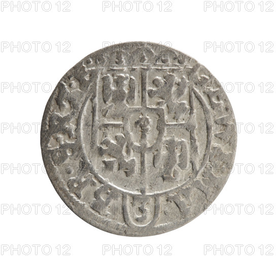 One and a half (coin). Obverse: Under a ducal mitre, a five-field heraldic shield with the value numeral 3 in the lower part of the shield; on the rim between borders an inscription separated by the mitre and the value numeral GE.WI.MA. - BR.SRIE. Reverse: Royal orb with a cross whose arms terminate in finials; value numerals 24 in the lower part of the orb; date numerals 2-6 on the sides of the cross; on the rim between borders an inscription separated by a cross and a heart - hallmark .MONE.NO. - DVC.PR, S., 1626. Ducal Prussia (1525–1701), Königsberg. Coin: diameter 19.1 mm, weight 1.14 g, axis 300°. Maker: Ernest Pfahler.