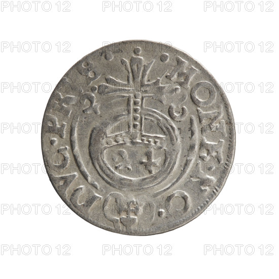 One and a half, Pfahler, Ernest, George William Hohenzollern (Elector of Brandenburg; Duke of Prussia; 1620–1640), cross (iconographic), orb of rule (iconographic), coats of arms. Obverse: under the ducal mitre, a five-field heraldic shield; below in the shield the value numeral 3. On the rim between the borders, an inscription separated by the mitre and the value numeral GE.WI.MA. - BR.SRIE. Reverse: royal orb with a cross with arms terminating in finials; in the lower part of the orb, the value numerals 24; on the sides of the cross, date numerals 2-6. On the rim between the borders, an inscription separated by a cross and a heart - hallmark .MONE.NO. - DVC.PR, S., 1626. Ducal Prussia (1525–1701), Königsberg; coin; diameter 19.1 mm; weight 1.14 g; axis 300°.