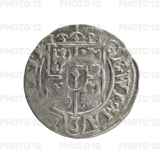 one-and-a-half, Ernest Pfahler, Department of Coins of Lands Associated with Poland, George William Hohenzollern (Elector of Brandenburg; Duke of Prussia; 1620–1640), cross (iconographic), orb of rule (iconographic), coats of arms. Obverse: Under the ducal mitre, a five-field heraldic shield; below in the shield the value numeral 3. In the rim between the borders an inscription separated by the mitre and the value numeral GE.WI.MA -    .IE]. Reverse: Royal orb with a cross with arms terminating in florences; in the lower part of the orb the value numerals 24; on the sides of the cross the date numerals 2-6. In the rim between the borders an inscription divided by a cross and a heart - the hallmark, MONE.NO. - DVC.PRVS, 1626. Ducal Prussia (1525–1701), Königsberg. Coin: diameter 19.4 mm, weight 1.01 g, axis 130°.