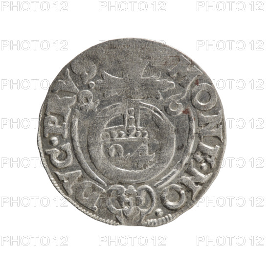 One-and-a-half (currency). Maker: Ernest Pfahler. Material/Type: coin (Ducal Prussia, Königsberg), 1626. Diameter 19.4 mm; weight 1.01 g; axis 130°. Obverse: Under the ducal mitre, a five-field heraldic shield—below in the shield the value numeral '3.' In the rim between the borders an inscription separated by the mitre and the value numeral GE.WI.MA - .IE]. Reverse: Royal orb with a cross whose arms terminate in fleurs-de-lis; in the lower part of the orb the value numerals '24'; on the sides of the cross the date numerals '2-6.' Rim inscription divided by a cross and a heart—the hallmark MONE.NO. - DVC.PRVS, 1626. Iconography: cross, orb of rule, coats of arms. Historical attribution: George William Hohenzollern (Elector of Brandenburg; Duke of Prussia; 1620–1640).