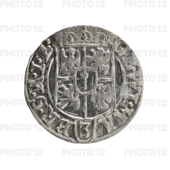 One and a half; Ernest Pfahler. Obverse: under a ducal mitre a five-field heraldic shield, below in the shield the value numeral 3; on the rim between borders an inscription separated by the mitre and the value numeral 'GE.WI.MA. - BR.SRIE'. Reverse: royal orb with a cross with arms terminating in finials; in the lower part of the orb the value numeral 4; on the sides of the cross the date numerals '2-6'; on the rim between borders an inscription separated by a cross and a heart - hallmark '.MONE.NO. - DVC.PRVS.', 1626. Ducal Prussia (1525–1701), Königsberg. Coin: diameter 19.2 mm, weight 1.09 g, axis 270°.