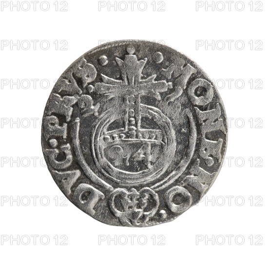 one and a half, George William Hohenzollern (Elector of Brandenburg; Duke of Prussia; 1620-1640), cross (iconographic), orb of rule (iconographic), coats of arms. Obverse: Under the ducal mitre a five-field heraldic shield, below in the shield the value numeral 3. On the rim between the borders an inscription separated by the mitre and the value numeral GE.WI.MA. - BR.SRIE. Reverse: Royal orb with a cross with arms terminating in finials. In the lower part of the orb the value numerals, 4. On the sides of the cross the date numerals 2-6. On the rim between the borders an inscription separated by a cross and a heart - hallmark .MONE.NO. - DVC.PRVS., 1626. Ducal Prussia (1525-1701), Königsberg; coin, diameter 19.2 mm, weight 1.09 g, axis 270 degrees