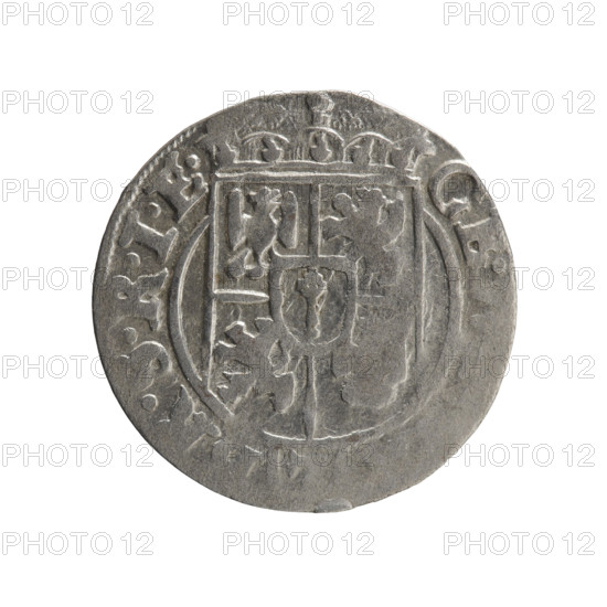 One-and-a-half thaler; Ernest Pfahler. George William of Hohenzollern (Elector of Brandenburg; Duke of Prussia; 1620–1640). Obverse: Under the ducal mitre, a five-field heraldic shield; below in the shield the value numeral. In the rim between the borders an inscription separated by the mitre and the value numeral. Reverse: Royal orb with a cross whose arms terminate in fleurs-de-lis; in the lower part of the orb the value numerals 24; on the sides of the cross the date numerals 2- and -. In the rim between the borders an inscription divided by a cross and a heart (hallmark) NO. DVC. PRVS., 1626. Ducal Prussia (1525–1701), Königsberg. Coin: diameter 19.0 mm; weight 1.10 g; axis 160°.