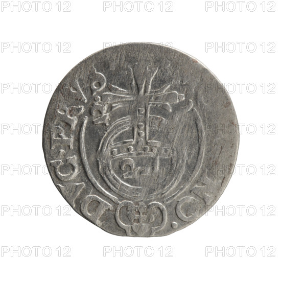 one-and-a-half, George William of Hohenzollern (Elector of Brandenburg; Duke of Prussia; 1620–1640), cross (iconographic), orb of rule (iconographic), coats of arms. Obv.: Under the ducal mitre, a five-field heraldic shield; below in the shield the value numeral. In the rim between the borders, an inscription separated by the mitre and the value numeral GE. Rv.: Royal orb with a cross with arms terminating in fleurs. In the lower part of the orb, the value numerals 24; on the sides of the cross, the date numerals 2- . In the rim between the borders an inscription divided by a cross and a heart - hallmark, NO. - DVC.PRVS., 1626. Ducal Prussia (1525–1701), Königsberg. Coin: diameter 19.0 mm, weight 1.10 g, axis 160°.