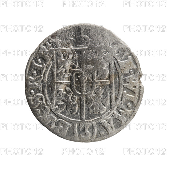 one and a half, George William Hohenzollern (Elector of Brandenburg; Duke of Prussia; 1620-1640), cross (iconographic), orb of rule (iconographic), coats of arms. Obv.: Under the ducal mitre, a five-field heraldic shield; below in the shield the value numeral 3. On the rim between the borders an inscription separated by the mitre and the value numeral GE.WI.MA. - BR.SRIE. Rev.: Royal orb with a cross with arms terminating in finials. In the lower part of the orb, the value numerals 4. On the sides of the cross, date numerals 2-, . On the rim between the borders an inscription separated by a cross and a heart - .MONE.NO. - D, C., VS., 1626. Königsberg, Ducal Prussia (1525–1701). Coin; diameter 19.3 mm; weight 0.99 g; axis 280 degrees.