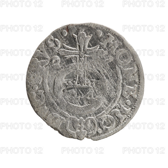 one and a half, George William Hohenzollern (Elector of Brandenburg; Duke of Prussia; 1620-1640), cross (iconographic), orb of rule (iconographic), coats of arms. Obv. Under the ducal mitre, a five-field heraldic shield; below in the shield the value numeral 3. On the rim between the borders an inscription separated by the mitre and the value numeral GE.WI.MA. - BR.SRIE. Rv. Royal orb with a cross with arms terminating in finials. In the lower part of the orb, the value numerals 4. On the sides of the cross, date numerals 2-, . On the rim between the borders an inscription separated by a cross and a heart - hallmark .MONE.NO. - D, C., VS., 1626. Königsberg, Ducal Prussia (1525-1701). Coin: diameter 19.3 mm, weight 0.99 g, axis 280 degrees