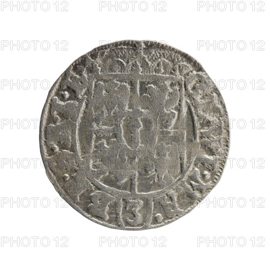 One and a half, George William Hohenzollern (Elector of Brandenburg; Duke of Prussia; 1620–1640), obverse: under the ducal mitre a five-field heraldic shield with the value numeral 3 below; on the rim between the borders an inscription separated by the mitre and the value numeral GE.WI.MA. - BR.SRIE. Reverse: royal orb with a cross whose arms terminate in finials; in the lower part of the orb the value numerals 24; on the sides of the cross the date numerals 2-6; on the rim between the borders an inscription separated by a cross and a heart - hallmark .MONE.NO. - DVC.PRVS. Date: 1626. Place: Ducal Prussia (1525–1701), Königsberg. Object: coin; diameter 19.4 mm; weight 1.21 g; axis 250°. Maker: Pfahler, Ernest. Iconography: cross, orb of rule, coats of arms.