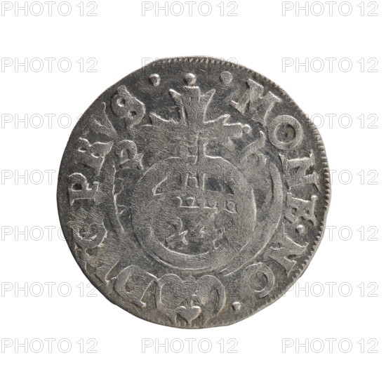 One and a half; Ernest Pfahler. Department of Coins of Lands Associated with Poland. George William Hohenzollern (Elector of Brandenburg; Duke of Prussia; 1620–1640). Obverse: under the ducal mitre, a five-field heraldic shield with the value numeral 3 below; on the rim between the borders an inscription separated by the mitre and the value numeral: GE.WI.MA. - BR.SRIE. Reverse: royal orb with a cross whose arms terminate in finials; value numerals 24 in the lower part of the orb; date numerals 2-6 on the sides of the cross; on the rim between the borders an inscription separated by a cross and a heart: .MONE.NO. - DVC.PRVS.; 1626. Ducal Prussia (1525–1701), Königsberg. Coin. Diameter 19.4 mm; weight 1.21 g; axis 250°.
