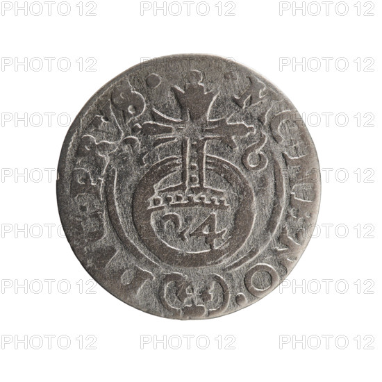 One-and-a-half; Ernest Pfahler; Department of Coins of Lands Associated with Poland; George William Hohenzollern (Elector of Brandenburg; Duke of Prussia; 1620–1640); cross (iconographic); orb of rule (iconographic); coats of arms. Obverse: Under the ducal mitre, a five-field heraldic shield; below in the shield the value numeral 3. On the rim between the borders an inscription separated by the mitre and the value numeral: .MA. - BR.SRIE. Reverse: Royal orb with a cross with arms terminating in finials. In the lower part of the orb the value numerals 24. On the sides of the cross the date numerals 2-6. On the rim between the borders an inscription separated by a cross and a heart - hallmark .MONE.NO. - , .PRVS., 1626. Ducal Prussia (1525–1701), Königsberg. Coin: diameter 19.0 mm, weight 1.00 g, axis 45 degrees.