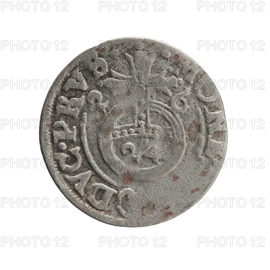 Obverse: Under the ducal mitre, a five-field heraldic shield; below in the shield the value numeral 3. On the rim between the borders, an inscription separated by the mitre and the value numeral GE.WI.MA. - BR.SRIE. Reverse: Royal orb with a cross with arms terminating in finials. In the lower part of the orb, the value numerals 24. On the sides of the cross, date numerals 2-6. On the rim between the borders, an inscription separated by a cross and a heart - the hallmark .MONE., DVC.PRVS., 1626. George William of Hohenzollern (Elector of Brandenburg; Duke of Prussia; 1620–1640). Ducal Prussia (1525–1701), Königsberg. Coin; diameter 19.0 mm, weight 0.98 g, axis 220°. Subjects: cross (iconographic), orb of rule (iconographic), coats of arms. Maker: Pfahler, Ernest. Denomination: one and a half.
