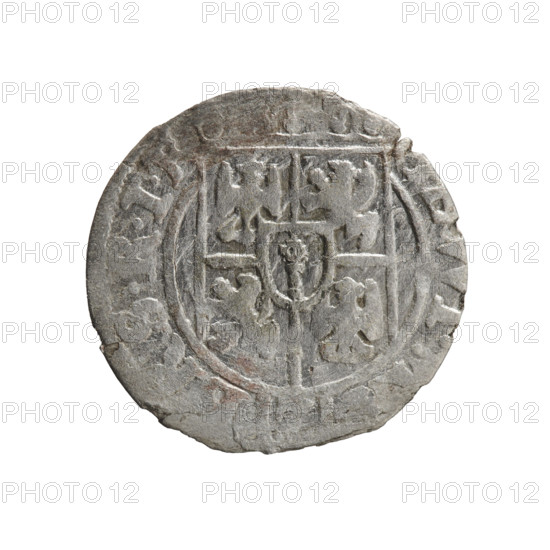 Obverse: Under the ducal mitre, a five-field heraldic shield with the value numeral below; in the rim between borders, an inscription separated by the mitre and the value numeral. Reverse: Royal orb with a cross whose arms terminate in florettes; value numerals '4' in lower part of the orb; date numerals '2-6' on the sides of the cross; rim inscription divided by a cross and a heart with hallmarks. Maker: Pfahler, Ernest. Subject/iconography: George William Hohenzollern (Elector of Brandenburg; Duke of Prussia; 1620–1640), cross, orb of rule, coats of arms. Date: 1626. Place: Ducal Prussia (1525–1701), Königsberg. Object: coin; diameter 18.8 mm; weight 0.90 g; axis 280°.