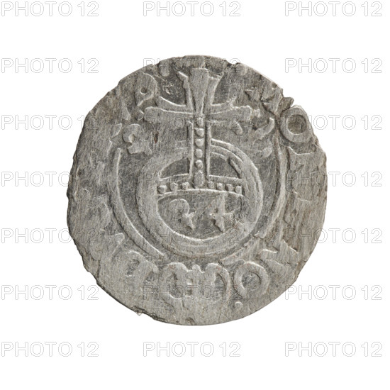 One-and-a-half; maker: Ernest Pfahler; material: coin; date: 1626. Obverse: under the ducal mitre, a five-field heraldic shield with the value numeral below; inscription in rim between borders separated by the mitre and value numeral. Reverse: royal orb with a cross whose arms terminate in florettes; value numerals '4' in lower part of orb; date numerals '2-6' on sides of cross; inscription in rim between borders divided by a cross and a heart; hallmarks. Subject/iconography: George William Hohenzollern (Elector of Brandenburg; Duke of Prussia, 1620–1640), cross (iconographic), orb of rule, coats of arms. Place: Ducal Prussia, Königsberg. Coin specifications: diameter 18.8 mm; weight 0.90 g; axis 280°.