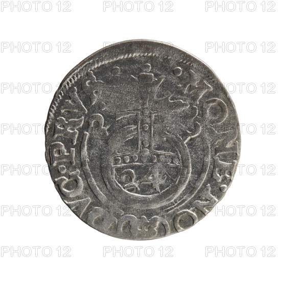 One-and-a-half (coin). Ernest Pfahler. Department of Coins of Lands Associated with Poland. George William Hohenzollern (Elector of Brandenburg; Duke of Prussia; 1620–1640). Cross (iconographic), orb of rule (iconographic), coats of arms. Obverse: Under the ducal mitre, a five-field heraldic shield; below in the shield a value numeral. In the rim between the borders an inscription separated by the mitre and the value numeral GE., A. - BR.S., E. Right: Royal orb with a cross with arms terminating in finials; in the lower part of the orb the value numerals 24. On the sides of the cross, the date numerals 2-, . In the rim between the borders an inscription divided by a cross and a heart - the hallmark .MONE.NO - DVC.PRVS., 1626. Ducal Prussia (1525–1701), Königsberg. Coin: diameter 19.5 mm, weight 1.09 g, axis 260°.