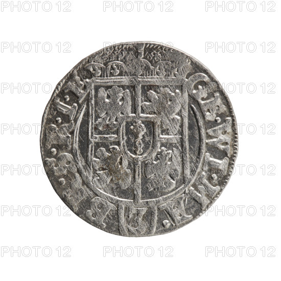 One and a half, Ernest Pfahler. Obverse: under the ducal mitre, a five-field heraldic shield with the value numeral 3 below; on the rim between the borders an inscription separated by the mitre and the value numeral GE.WI.MA. - BR.SRIE. Reverse: royal orb with a cross whose arms terminate in finials; in the lower part of the orb value numerals; on the sides of the cross date numerals 2-6; on the rim between the borders an inscription separated by a cross and a heart - hallmark .MONE.NO. - DVC.PRVS. Date: 1626. Place: Ducal Prussia (1525–1701), Königsberg. Object: coin. Diameter: 19.3 mm. Weight: 1.19 g. Axis: 20°.