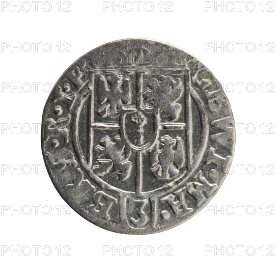 One and a half (coin). Obverse: Under the ducal mitre, a five-field heraldic shield with the value numeral 3 below. On the rim between the borders, an inscription separated by the mitre and the value numeral GE.WI.MA. - BR.SRIE. Reverse: Royal orb with a cross whose arms terminate in finials; in the lower part of the orb the value numerals 24; on the sides of the cross, date numerals 2-6. On the rim between the borders, an inscription separated by a cross and a heart - hallmark .MONE.NO. - DVC.PRVS. 1626. Maker/issuer: George William Hohenzollern (Elector of Brandenburg; Duke of Prussia; 1620–1640). Place/date: Ducal Prussia, Königsberg, 1626. Coin — diameter 19.0 mm, weight 1.13 g, axis 170°.