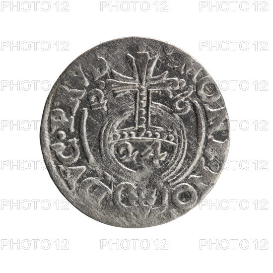 one and a half, George William Hohenzollern (Elector of Brandenburg; Duke of Prussia; 1620-1640), cross (iconographic), orb of rule (iconographic), coats of arms. Obverse: Under the ducal mitre, a five-field heraldic shield; below in the shield the value numeral 3. On the rim between the borders, an inscription separated by the mitre and the value numeral GE.WI.MA. - BR.SRIE. Reverse: Royal orb with a cross with arms terminating in finials. In the lower part of the orb, the value numerals 24. On the sides of the cross, date numerals 2-6. On the rim between the borders, an inscription separated by a cross and a heart - hallmark .MONE.NO. - DVC.PRVS., 1626, Ducal Prussia (1525-1701), Königsberg. Coin: diameter 19.0 mm, weight 1.13 g, axis 170 degrees.