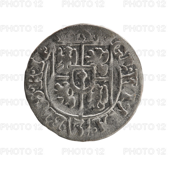 one and a half; Ernest Pfahler; George William Hohenzollern (Elector of Brandenburg; Duke of Prussia; 1620–1640); cross (iconographic); orb of rule (iconographic); coats of arms. Obverse: Under the ducal mitre, a five-field heraldic shield, below in the shield the value numeral 3. On the rim between the borders, an inscription separated by the mitre and the value numeral GE.WI.MA. -. Reverse: Royal orb with a cross with arms terminating in finials. In the lower part of the orb, the value numerals 24. On the sides of the cross, date numerals 2-6. On the rim between the borders, an inscription separated by a cross and a heart - the hallmark .MONE.NO. - DVC.PRVS., 1626. Ducal Prussia (1525–1701), Königsberg; coin; diameter 19.2 mm; weight 1.01 g; axis 315°